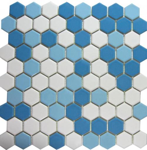 کاشی استخری شش ضلعی میکس سفید، آبی روشن و آبی تیره